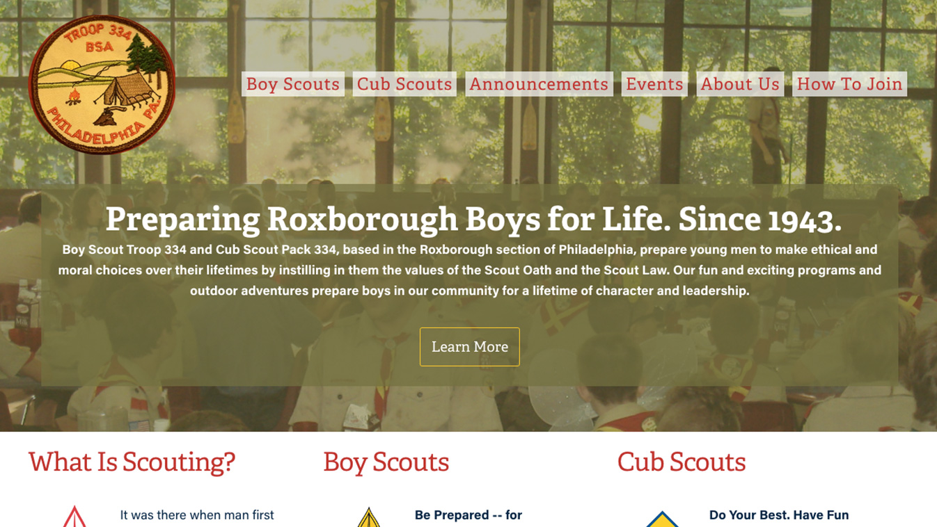 Website for Boy Scout Troop 334 and Cub Scout Troop 334, Designed by Adrian Hoppel
