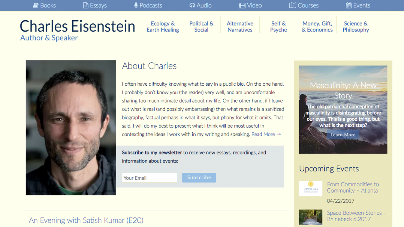 Website for Charles Eisenstein, Designed by Adrian Hoppel