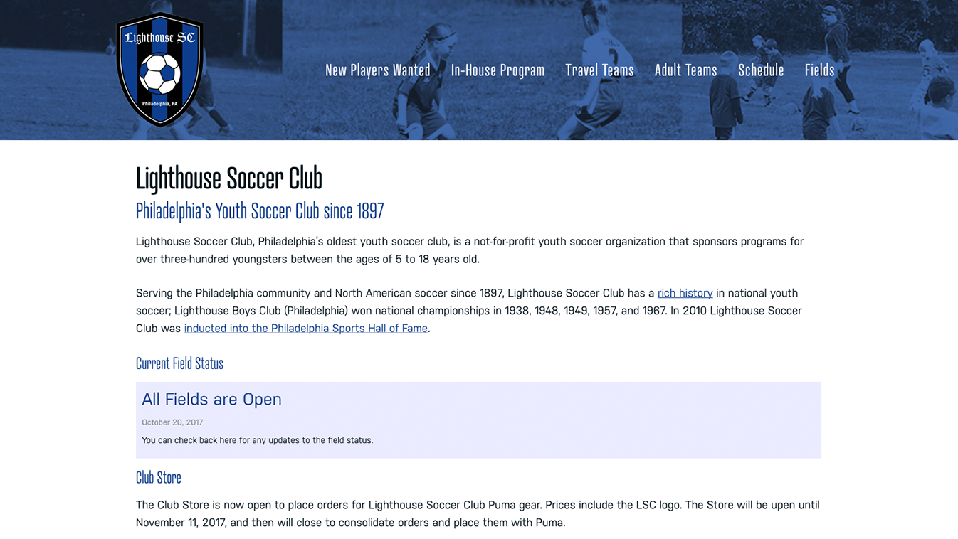 Website for Lighthouse Soccer Club, designed by Adrian Hoppel